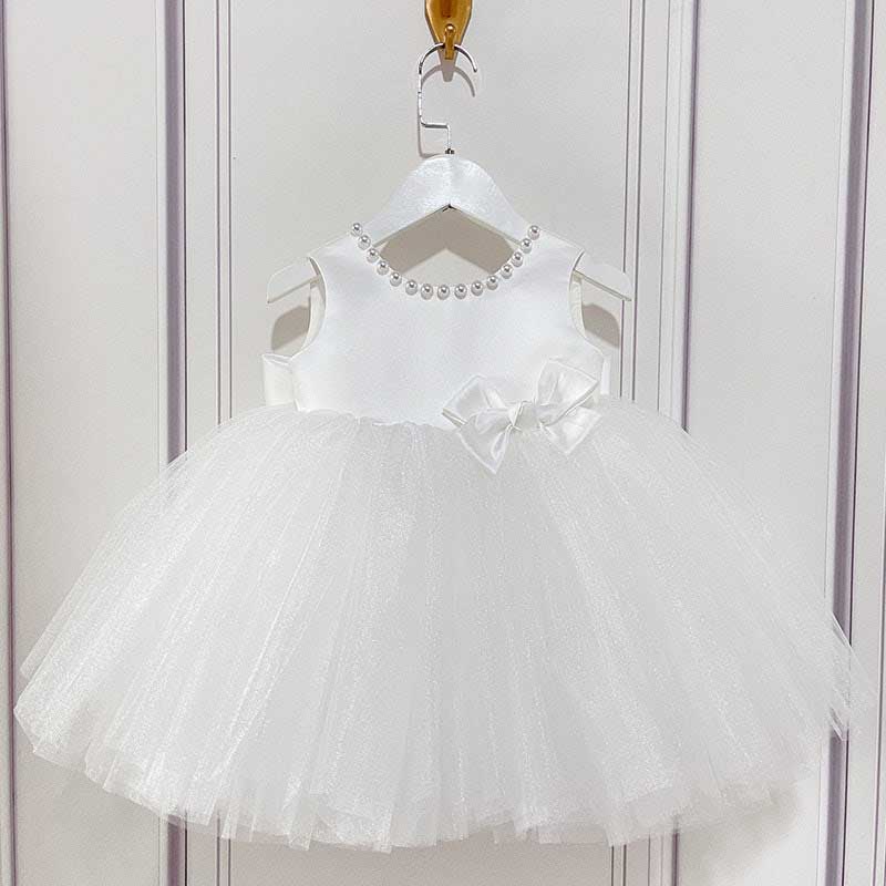 Flower Girl Dresses Baby Girl Birthday Party Dress Summer White Bow Puffy Baptism Dress