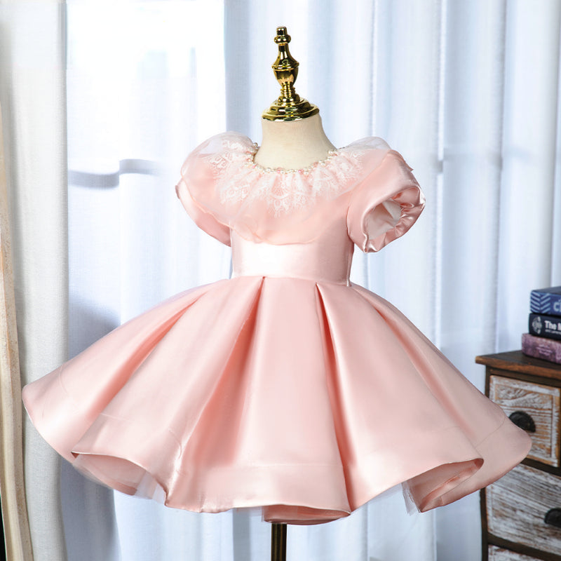 Elegant Baby Girls Pink Puff Sleeve Princess Dress Toddler First Communion Dress