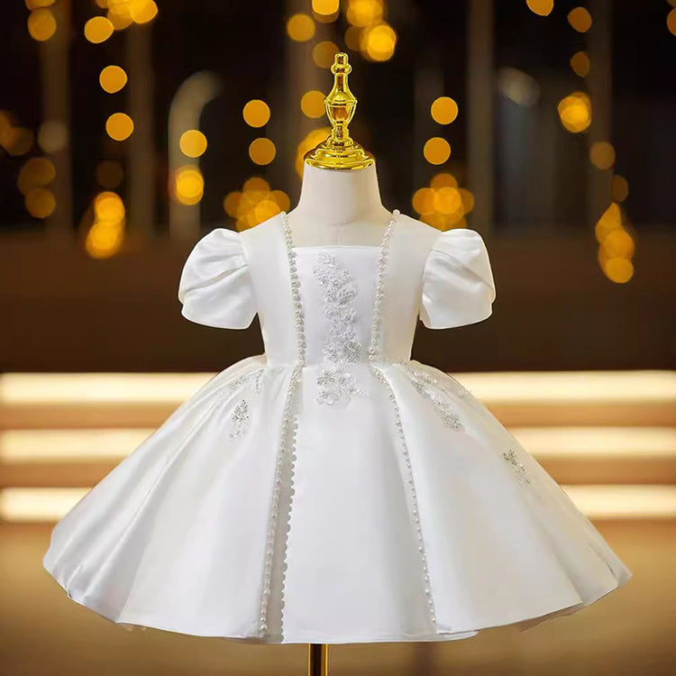 Children's White Birthday Dress Princess Dress with Pearls