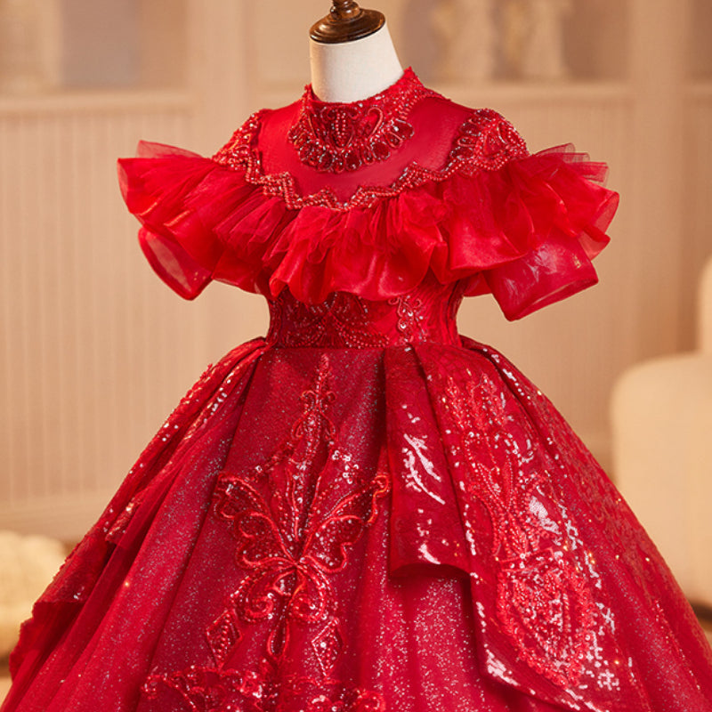 Red Girls Birthday Dress Children's Prom Princess Dress Flower Girl Wedding Dress
