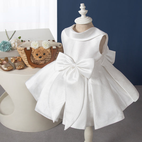Elegant Baby White Sleeveless Backless Pleated Bow Dress Toddler Communion Dress