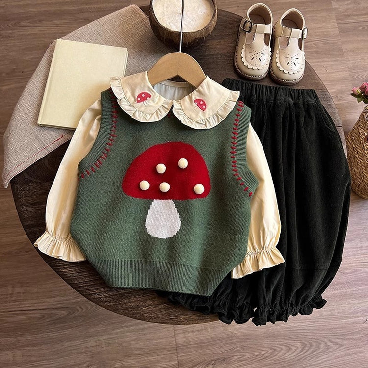 Girls' Autumn Knitted Vest Shirt and Pants Three-piece Set