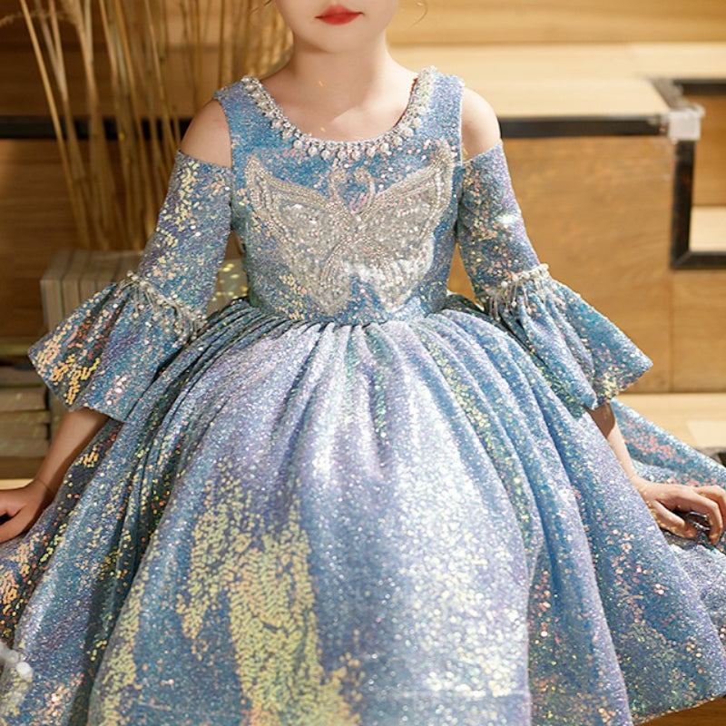 Girl Child Shoulder Cutout Trumpet Sleeve Pearl Sequins Princess Dress