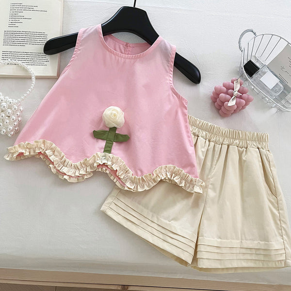 Girls Summer 3D Flower Vest Shorts Two-Piece Set