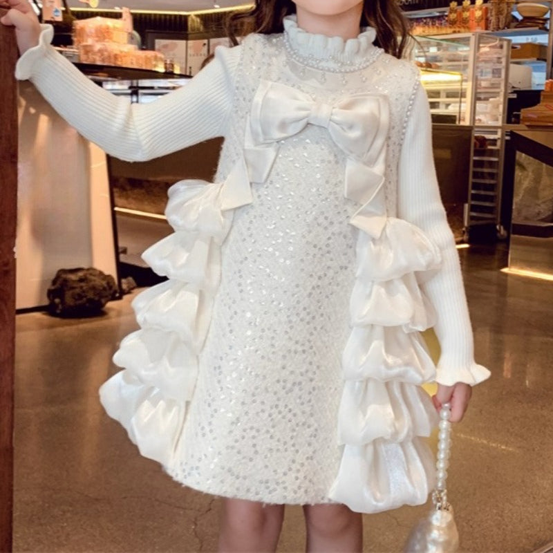 Girls Princess Base Layer Sweater Vest Dress Two-piece Set