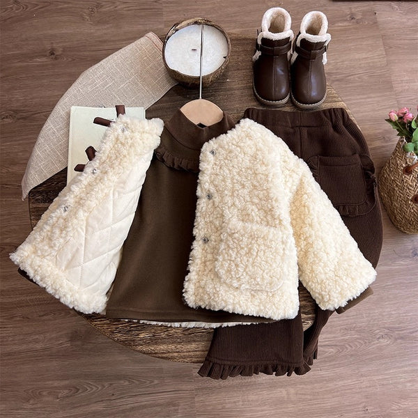 Girls' Winter Coat Bottoming Shirt and Pants Three-piece Set