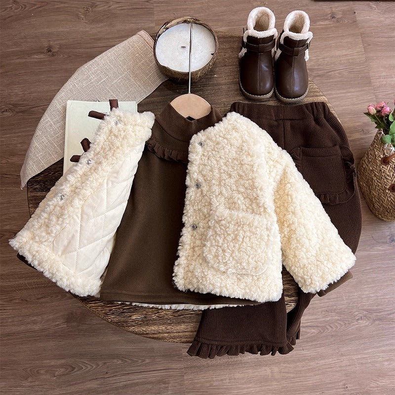 Girls' Winter Coat Bottoming Shirt and Pants Three-piece Set