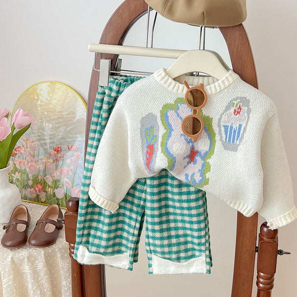 Sweet Baby Girl Rabbit Sweater Plaid Pants Two-piece Set