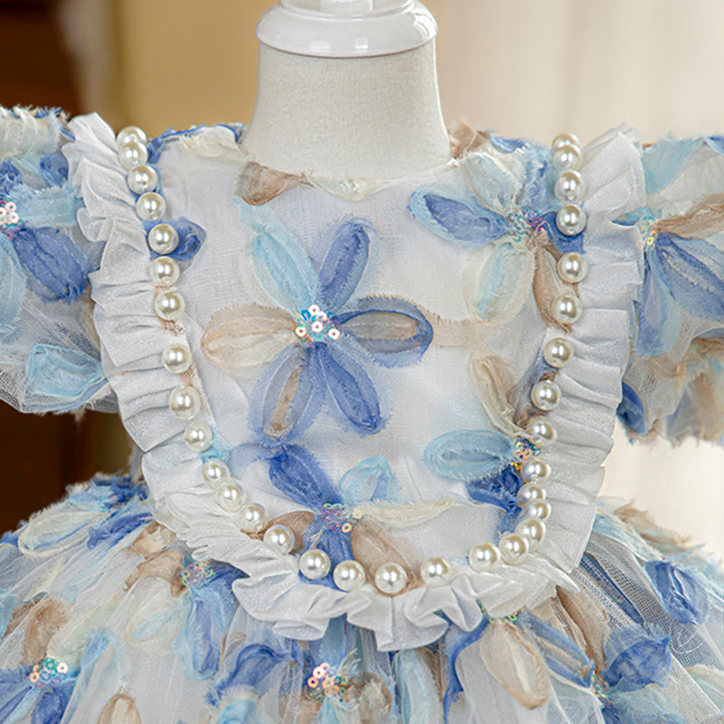 Elegant Baby Girls Blue Floral Puff Sleeve Princess Dress Toddler Prom Evening Dress