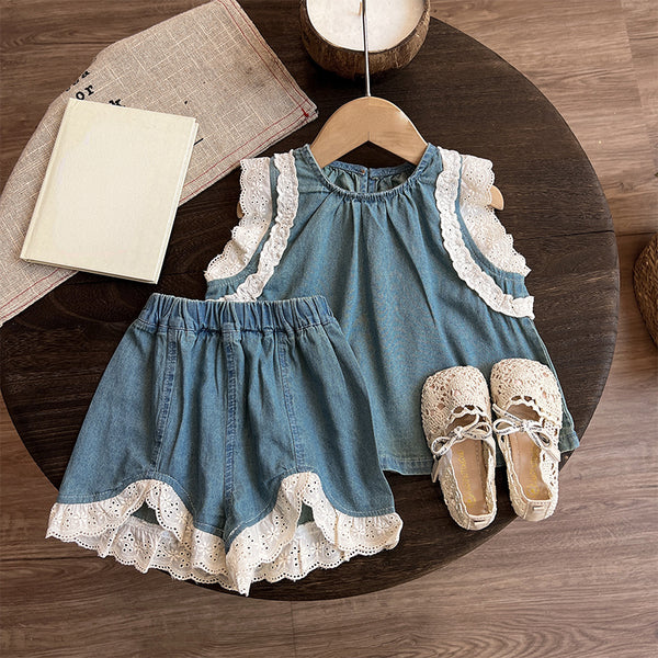 Cute Baby Girl Lace Vest Shorts Suit