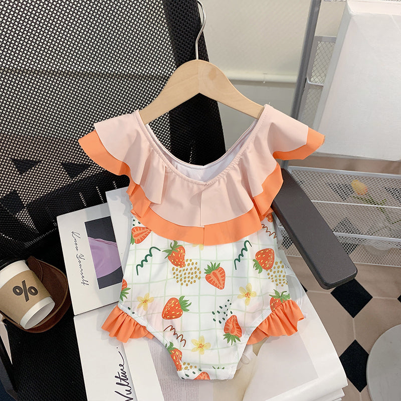 Girls Summer Cute Strawberry Princess One-Piece Swimsuit