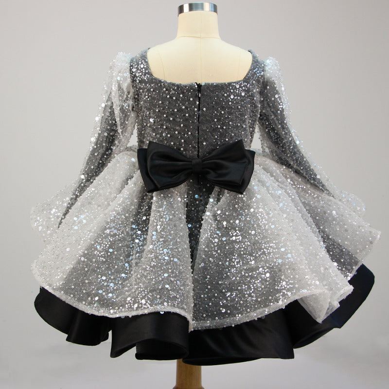 Girl Formal Princess Dresses Baby Girl Bow Mesh Long Sleeve Sequined Christening Dress