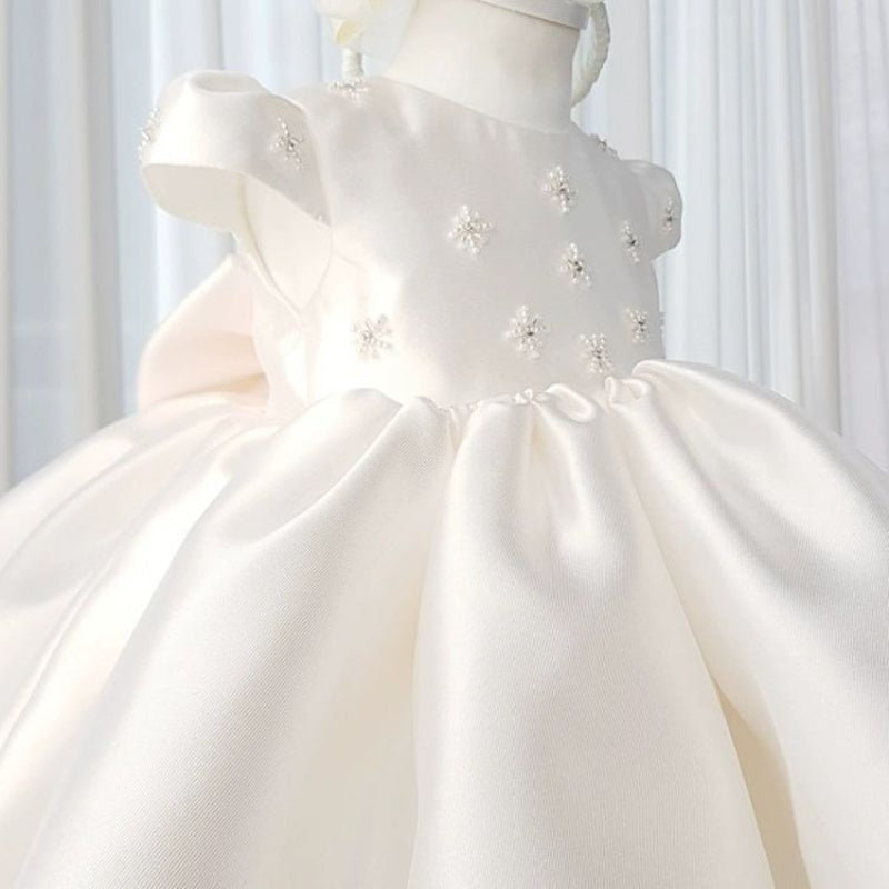 Elegant Baby Girl White Satin Puff Princess Dresses for Girls Flower Girl Dress