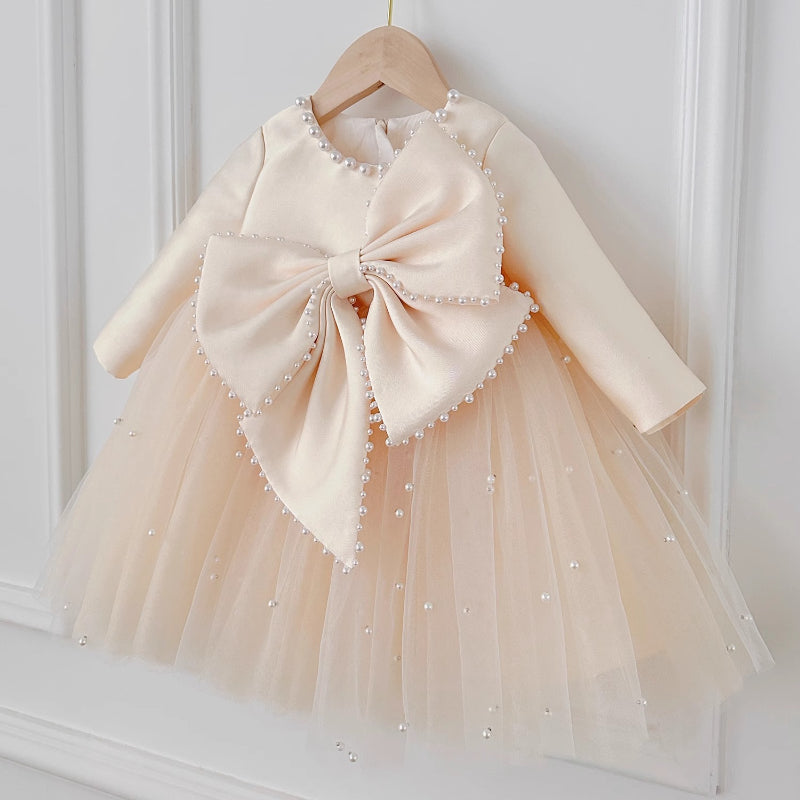 Elegant Baby Girl Long-sleeved Big Bow Pearl Tulle Dress Toddler First Communion Dress Elegant Baby Girl Long-sleeved Big Bow Pearl Tulle Dress Toddler First Communion Dress