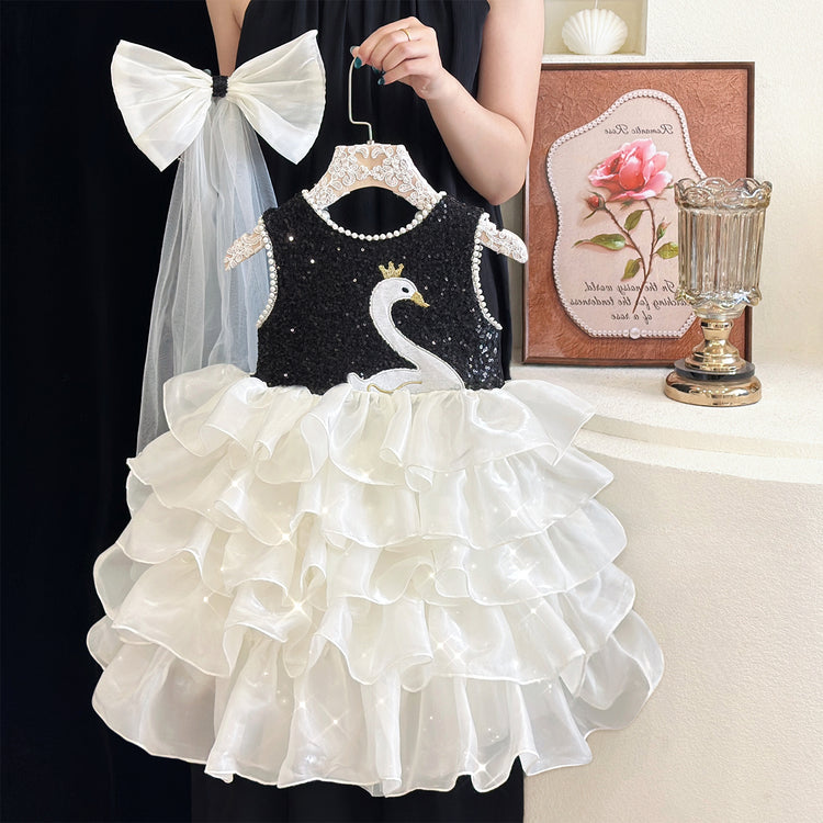 Girls Birthday Dress Girls Black Swan Sequined Vest Dress