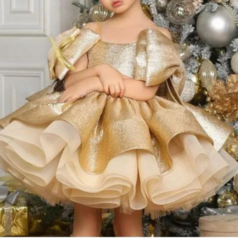Girls Gold Satin Birthday Dress Baby Baptism Princess Dress