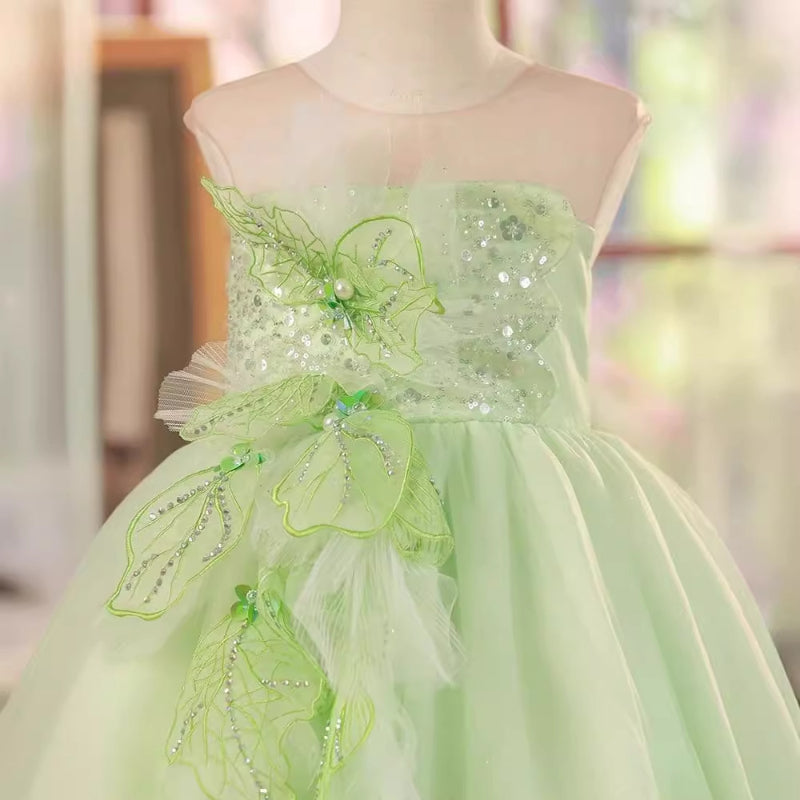 Elegant Baby Green Leaves Sequin Mesh Party Dresses Toddler Girl Formal Dresses