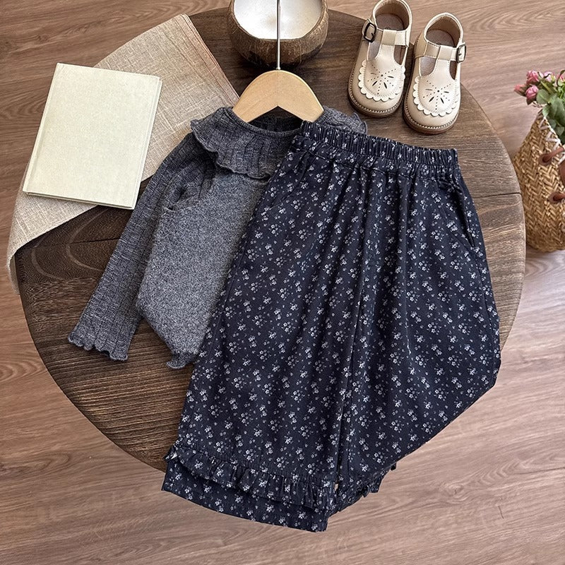 Girls' Autumn New Top Vest Floral Wide-leg Pants Three-piece Set