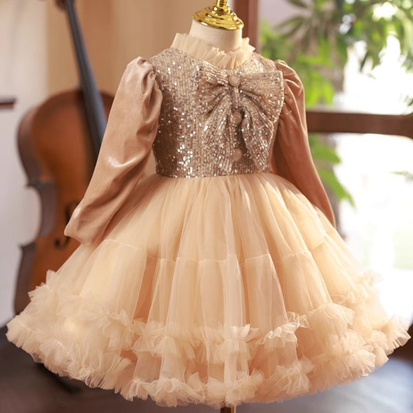 Elegant Baby Girls Gold Sequin Puff Ball Gowns Toddler Girl Party Dresses