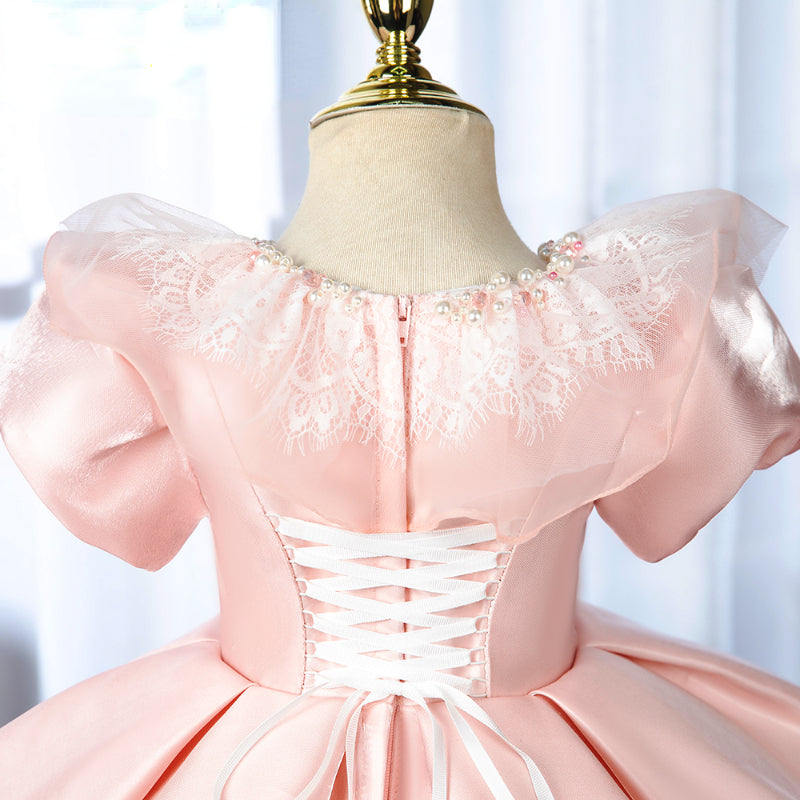 Elegant Baby Girls Pink Puff Sleeve Princess Dress Toddler First Communion Dress