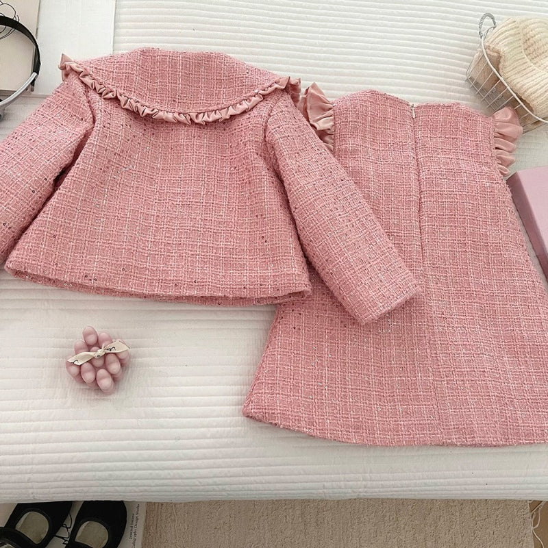 Girls' Winter Bow-Tie Coat Vest Dress Two-Piece Set