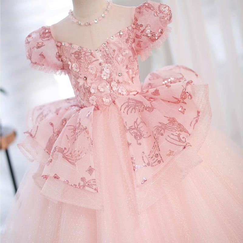 Flower Girl Dress Little Girl Pink Princess Dress Host Birthday Performance Fluffy Yarn