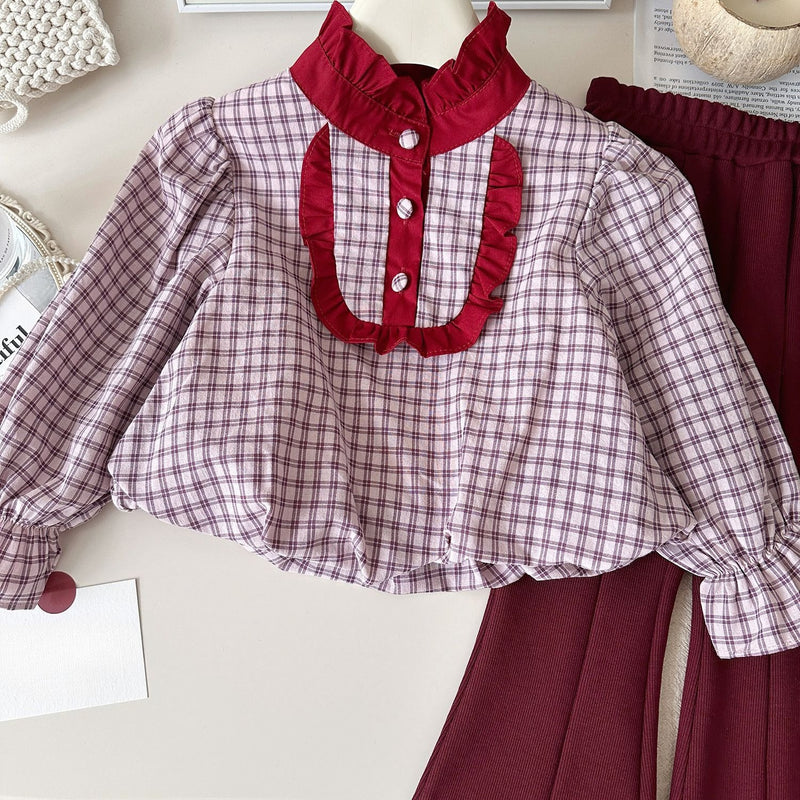 Girls' Stand Collar Plaid Babydoll Shirt and Flared Pants Two-Piece Set
