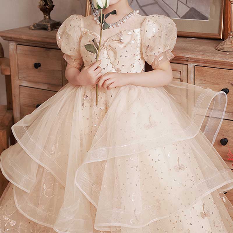 Cute Baby Girl Birthday Party Dress Beaded Bow Princess Dress