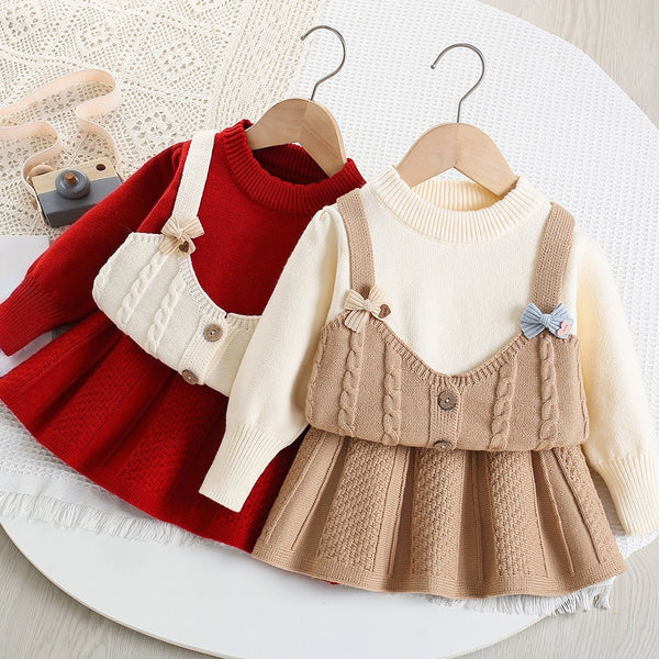 Girls' Fake Two-piece Knitted Cable Pullover Skirt Two-piece Set