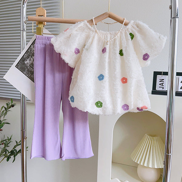 Cute Girls' Tassel Doll Collar Top and Flared Pants Two-piece Set