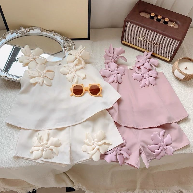 Girls' Summer 3D Floral Camisole Shorts Two-Piece Set