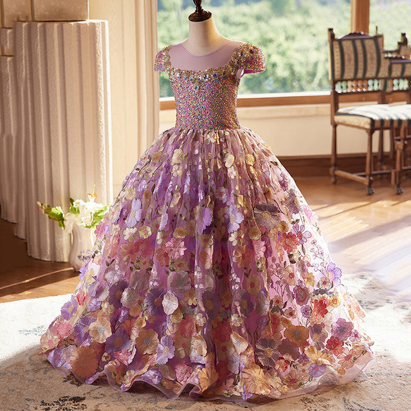 Elegant Baby Purple Floral Sequin Princess Dress Toddler Prom Dress