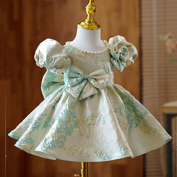 Elegant Baby Girls White Green Jacquard Pattern Puff Sleeve First Year Dress Princess Dresses For Girls