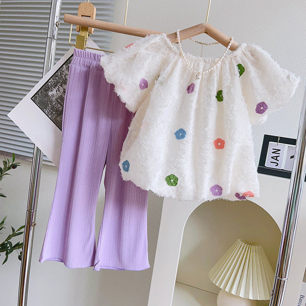 Cute Girls' Tassel Doll Collar Top and Flared Pants Two-piece Set