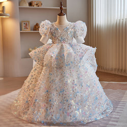 Flower Girl Dress Children Wedding Pageant Sequin Bowknot Fluffy Princess Dress