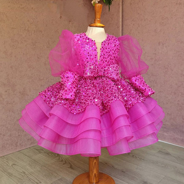 Elegant Baby Girl Sequined Mesh Puff Sleeve Puff Dress Girl Toddler First Communion Princess Dress