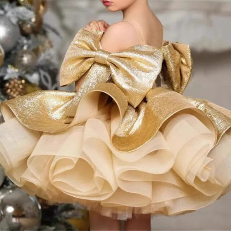 Girls Gold Satin Birthday Dress Baby Baptism Princess Dress