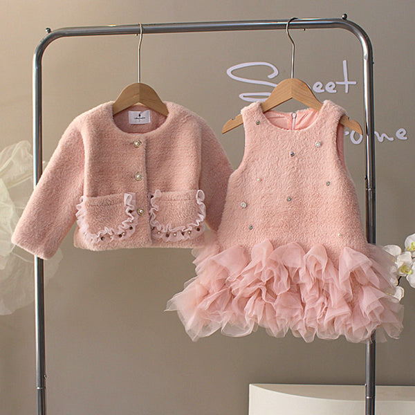 Girls Dress Set Girl Coat Bow Princess Dress Vest Dress