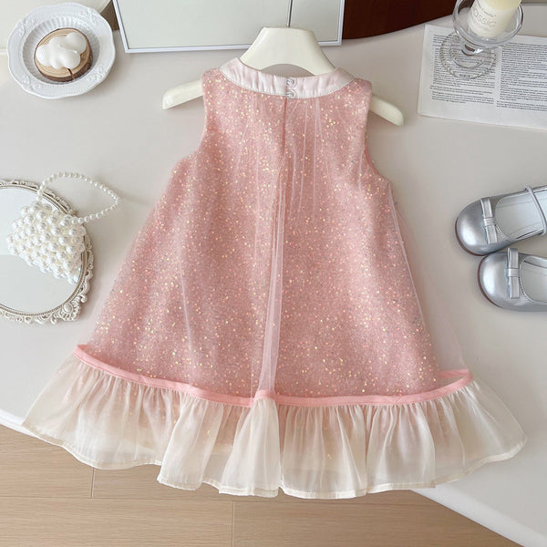 Girls Summer Sleeveless Vest Bowknot Sequined Princess Dress