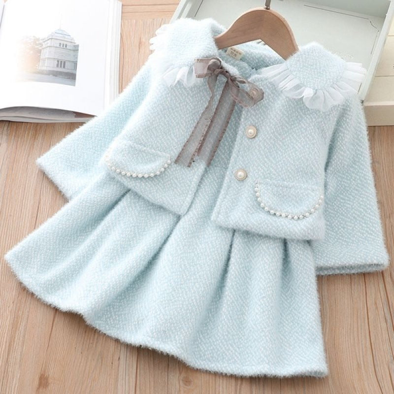 Girls' Mink Fleece Coat Vest Dress Two-piece Set