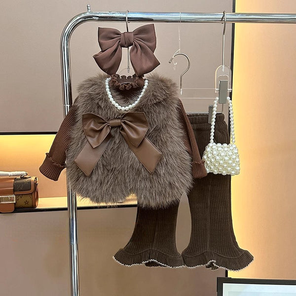 Sweet Girl's Three-piece Brown Vest Clothing Set