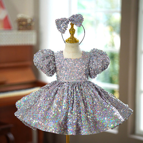 Elegant Baby Silver Sequin Puff Sleeve Pleated Party Dress Toddler Prom Dress Elegant Baby Silver Sequin Puff Sleeve Pleated Party Dress Toddler Prom Dress