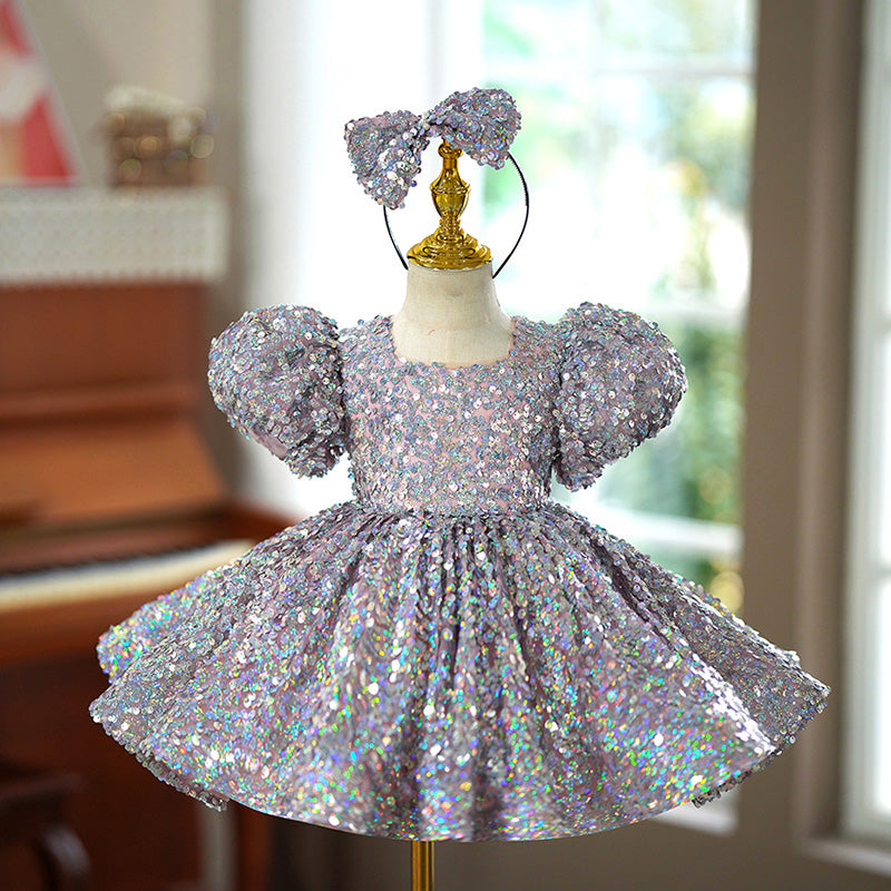 Elegant Baby Silver Sequin Puff Sleeve Pleated Party Dress Toddler Prom Dress