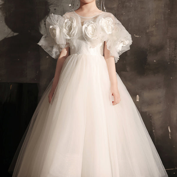 Flower Girl White Wedding Dress Girl Birthday Prom Princess Dress