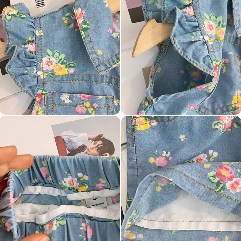 Sweet Baby Girl Floral Denim Butterfly Sleeve Top and Shorts Two-piece Set