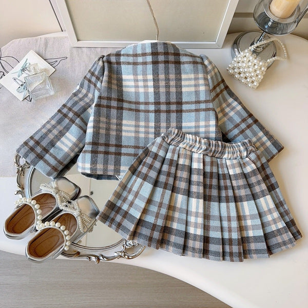 Girls' Winter Warm Coat and Pleated Skirt Two-Piece Set