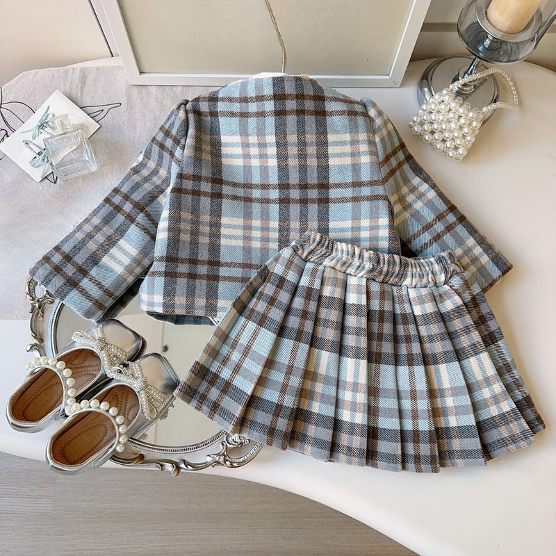 Girls' Winter Warm Coat and Pleated Skirt Two-Piece Set