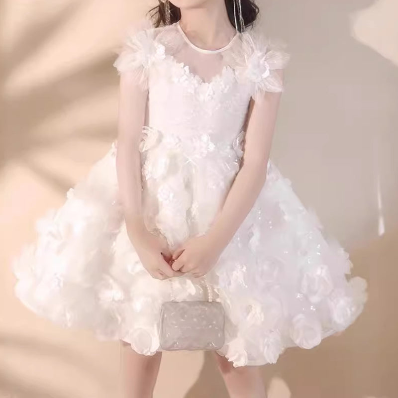 Girls Birthday Puff Princess Dress Flower Girl White Wedding Dress