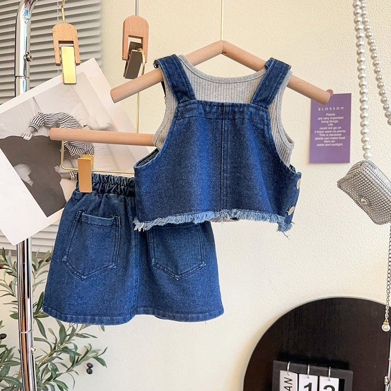Cute Baby Girls' Three-piece Denim Skirt Suit