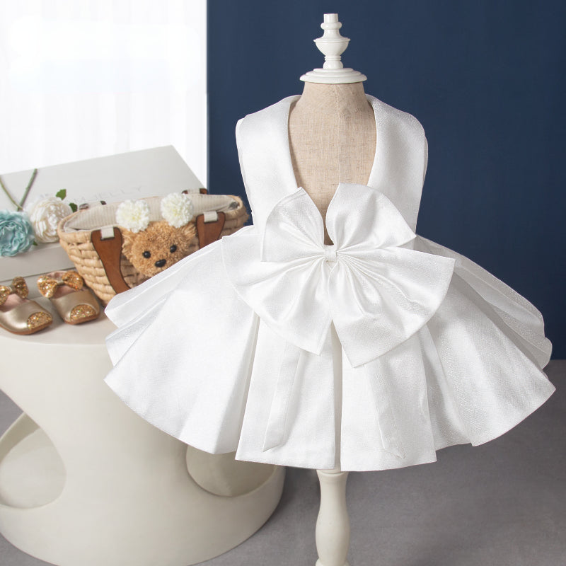 Elegant Baby White Sleeveless Backless Pleated Bow Dress Toddler Communion Dress